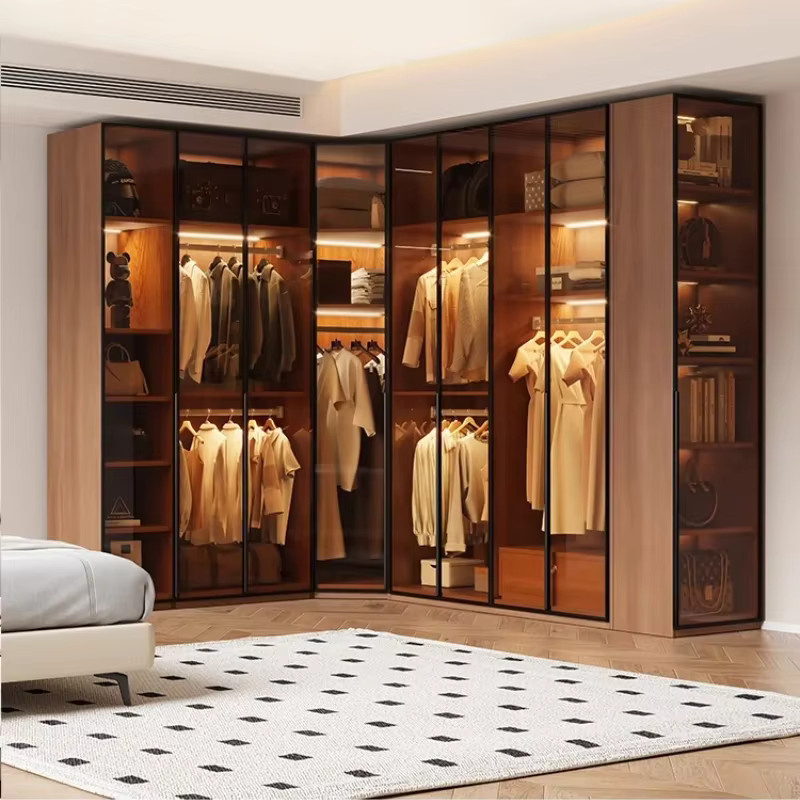 Moderner Eck-Glaskleiderschrank MLG in Braun mit integrierter Beleuchtung und Kleiderstange für dein Schlafzimmer - Bild 3