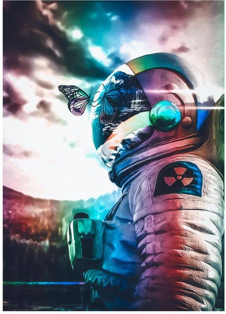 Moderne Leinwandmalerei PanitingArt Astronaut trinkt Bier auf dem Mond, Wandkunst beige, Breite: 20 cm, Höhe: 30 cm - Bild 1