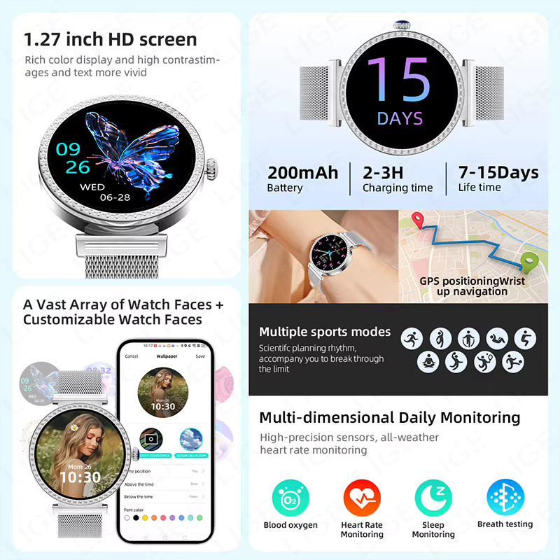 LIGE Smartwatch, Damen, Schwarz, Edelstahl, GPS, Herzfrequenz - Bild 2