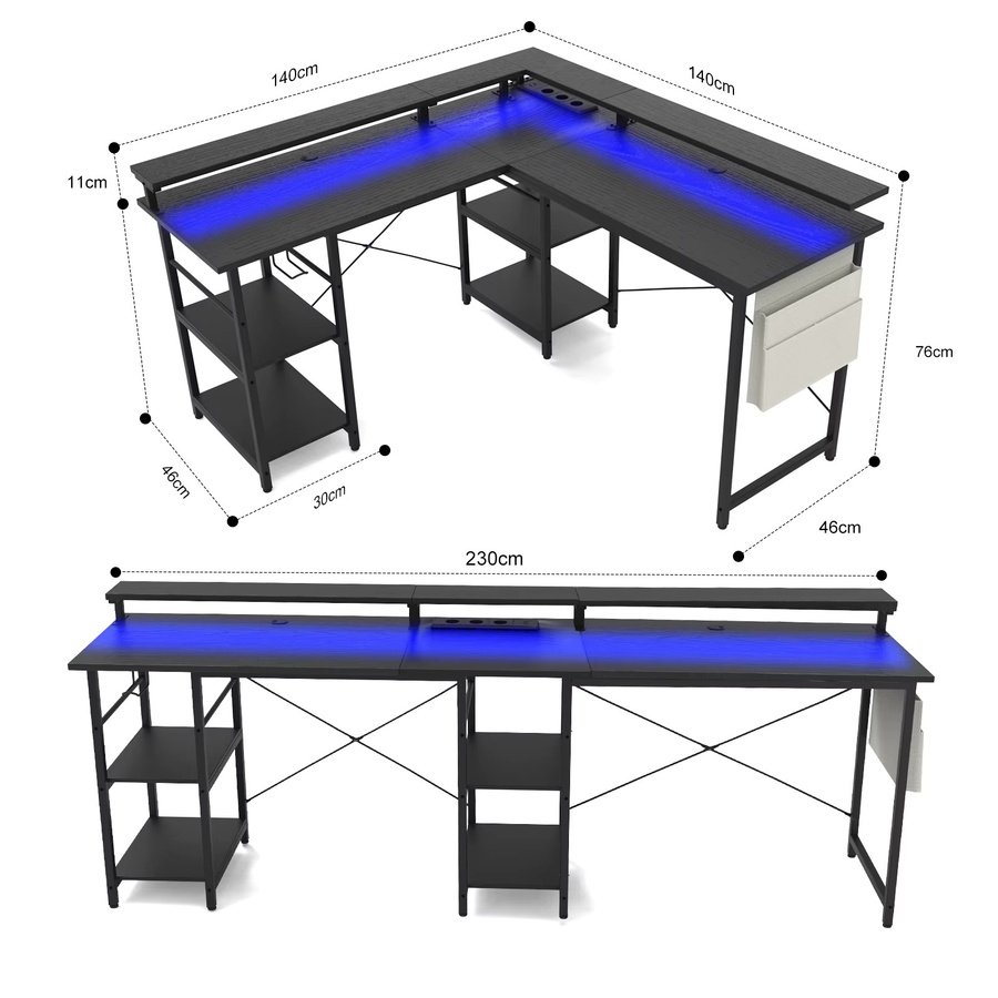 ThomP Moderner L-Schreibtisch in Schwarz, 2 in 1 Umwandelbar mit ergonomischem Monitortisch-Aufsatz und Power Hub, Eckschreibtisch für Home Office und Gaming - Bild 4