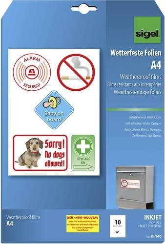 Sigel Selbstklebefolie DIN A4 für Tintenstrahldrucker, Weiß, Opak, 10 Stück - Bild 1