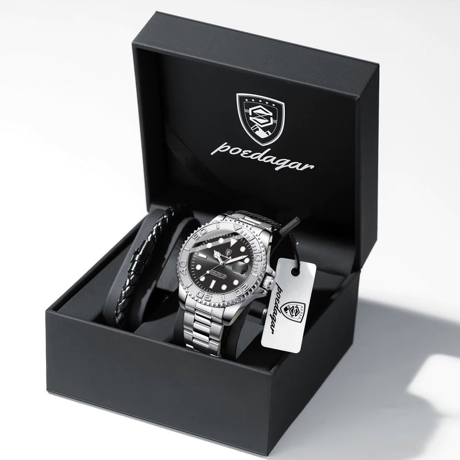 POEDAGAR Armbanduhr Edelstahl, Quarz, Datum, Schwarz, Herren - Bild 1