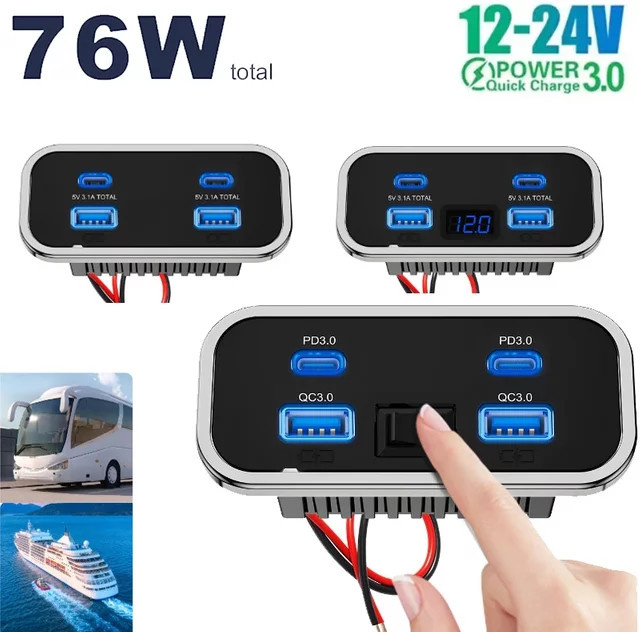 kebidumei USB-Steckdose mit 4 Ports für Auto und Marine, Dual PD3.0 USB-C und Dual Quick Charge 3.0 Schnelllade-Buchsenpanel, Schwarz, 12V-24V - Bild 1