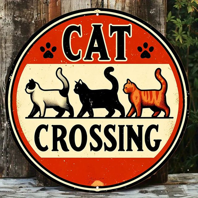 Potdemiel Retro Cat Crossing Vintage Metallschild aus Aluminium, rund, Mehrfarbig, Durchmesser: 20 cm - Bild 1