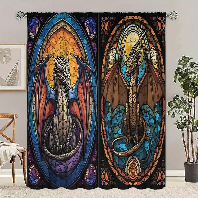 2er-Set Drachen Vorhänge im Ölmalerei-Look aus Polyester, halbtransparent, Mehrfarbig, Breite: 76 cm, Höhe: 165 cm - Bild 1