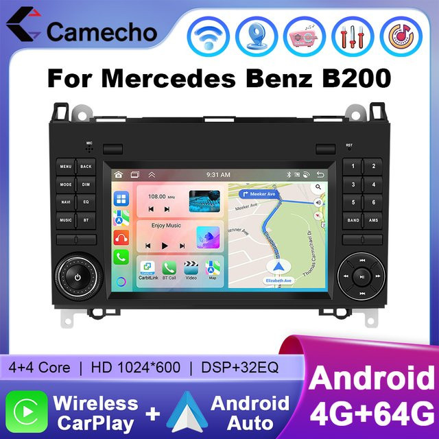 Camecho Android Autoradio mit 7 Zoll Display, 4 GB RAM + 64 GB Speicher, GPS und drahtlosem CarPlay für Mercedes Benz W169 W245 B200 W906 Sprinter W639 Vito, Schwarz - Bild 1