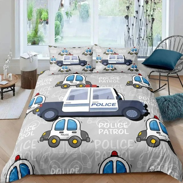 Flylo Bettwäsche Set mit Cartoon Polizeiauto Design, Blau, Polyester, 2-teilig, Bettbezug und Kissenbezug, B: 133 cm, H: 70 cm - Bild 1