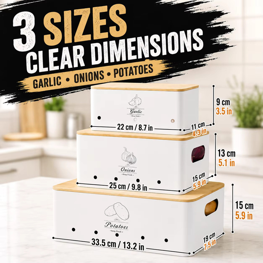 SAEIV Set aus 3 Gemüseaufbewahrungsboxen aus Metall mit Holzdeckeln in Weiß - Bild 2