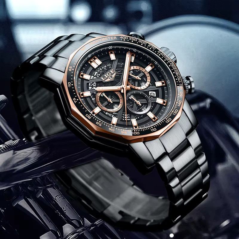 LIGE Armbanduhr Quarz, Edelstahl, Schwarz, Herren - Bild 3