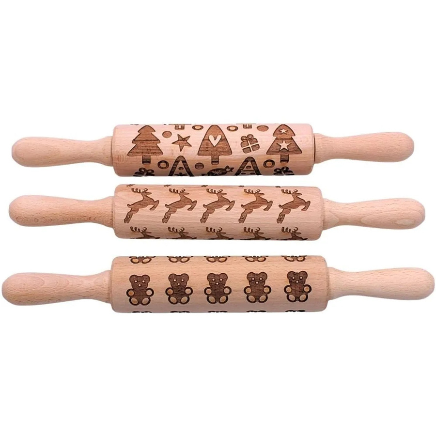 3er Set Holz Teigroller von Dekohelden24 mit Gravur für Spekulatius und Plätzchen, Farbe: Braun, B/H/T: 33 x 5 x 5 cm - Bild 2