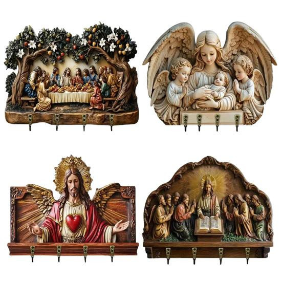 Wandmontierter Schlüsselhalter aus Kiefernholz mit Jesus-Motiv als dekorativer Schlüsselorganisator - Bild 5