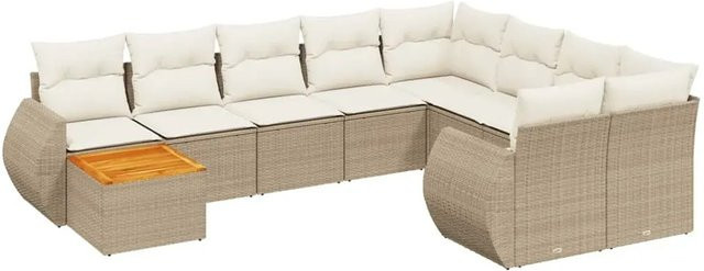 vidaXL 10-tlg. Garten-Sofagarnitur in L-Form aus Polyrattan und Akazienholz mit Kissen in Beige und Cremeweiß - Bild 1
