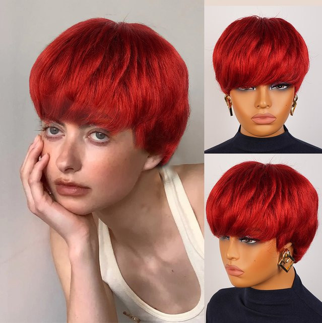 OYM HAIR Pixie-Perücke, rote Remy-Echthaar-Perücke, mit Pony - Bild 1