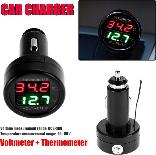 USB Universal Auto Ladegerät für SUV und PKW mit Dual Adapter, Digitalem Voltmeter und Thermometer, 12V 24V, Schwarz - Bild 1