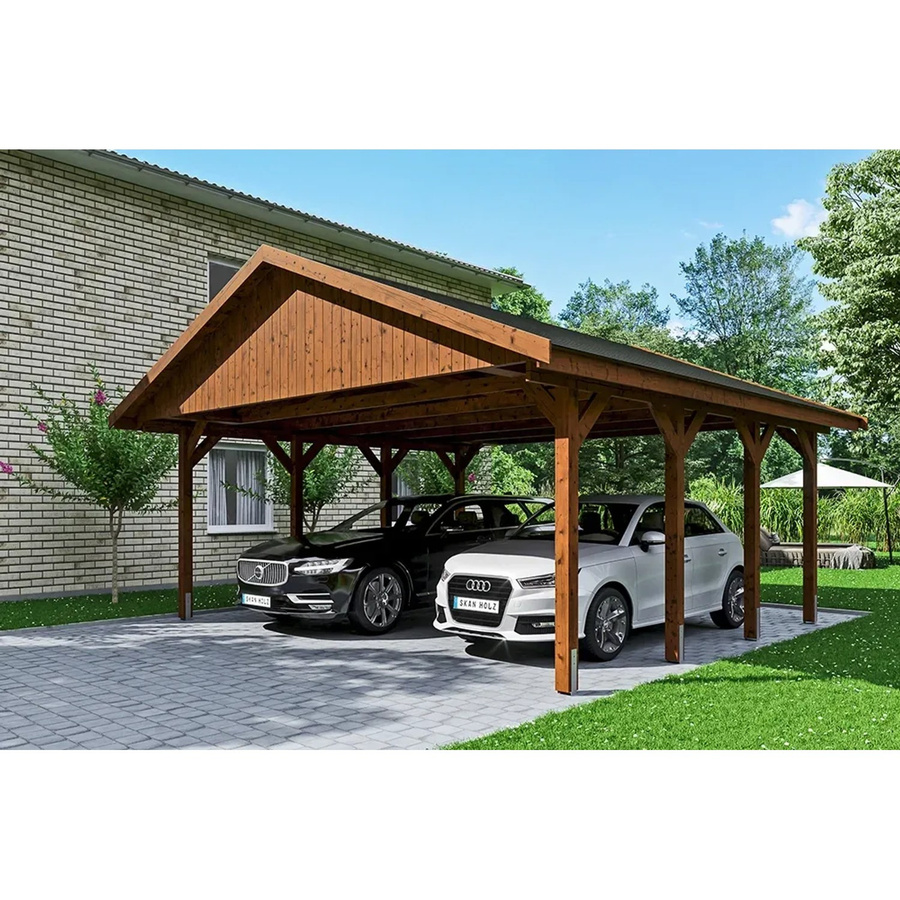Satteldach-Carport Wallgau von SKANHOLZ in Nussbaum mit schwarzen Schindeln, B/T: 620 x 600 cm, Firsthöhe: 354 cm, braun lasiert - Bild 2