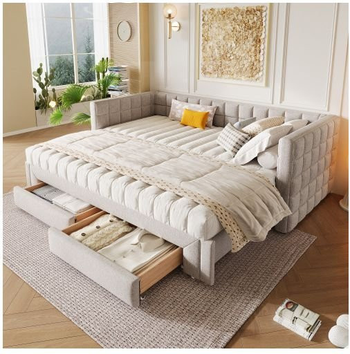 MUVOE Tageslilie Ausziehbares Bett mit 2 Schubladen aus Samt in Beige, B/T/H: 90 x 200 cm - Bild 1