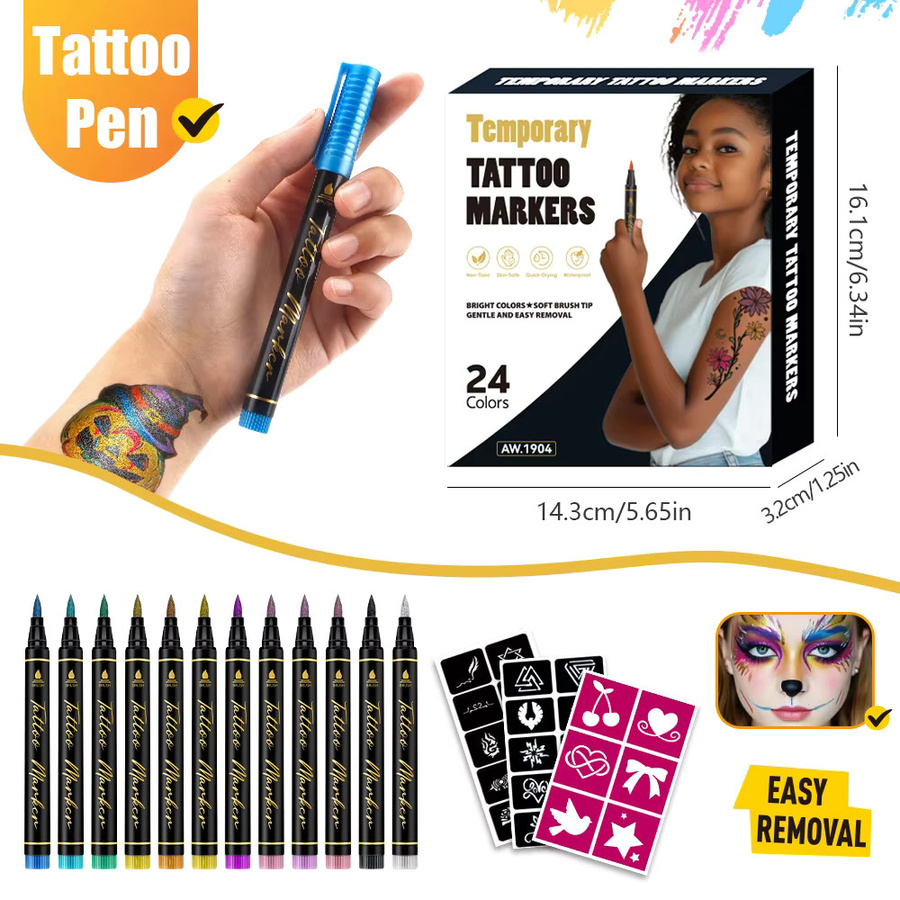 Waschbare Tattoo Stifte für Körpermalerei in Multicolour, schnell trocknende Kunstmarker für Zeichnungen und Partys - Bild 3
