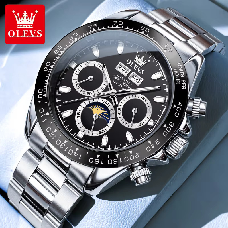OLEVS Chronograph, Automatik, Edelstahl, Schwarz, Bicolor, Herren - Bild 4