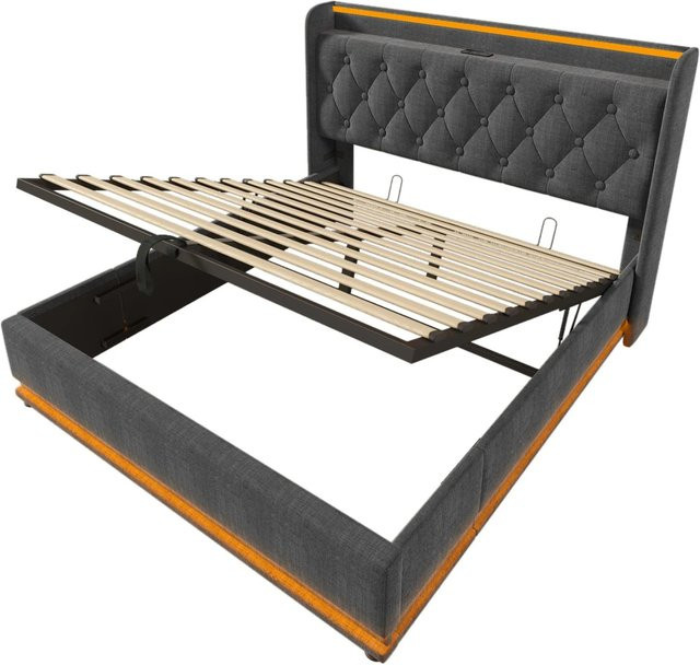 Merax Polsterbett mit LED-Unterbettbeleuchtung und USB-C Ladestation, Grau, B: 160 cm, T: 200 cm - Bild 1