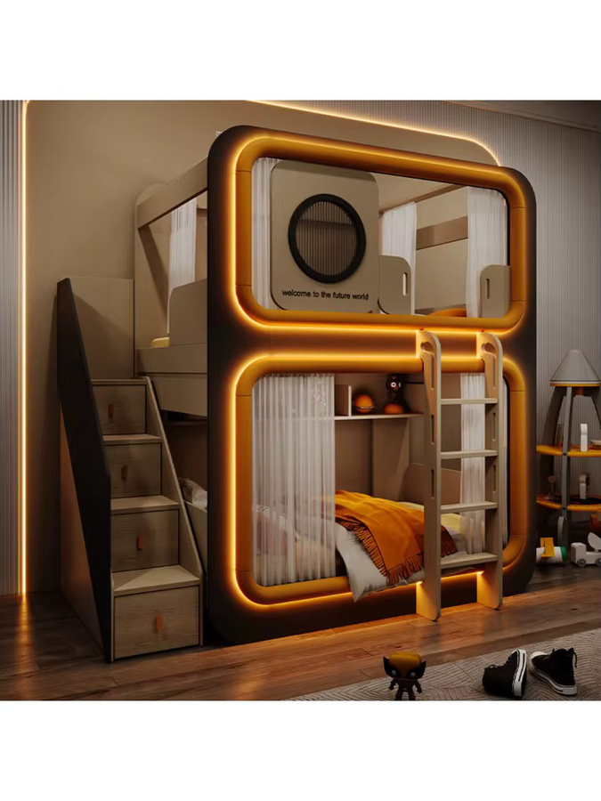 MODX Kapsel-Design Etagenbett Twin-Over-Full für Mutter und Kind mit integrierter Unterbettbeleuchtung und Schubladen in modernem Design aus Holz und Spanplatte, Breite: 120 cm, Länge: 200 cm - Bild 2