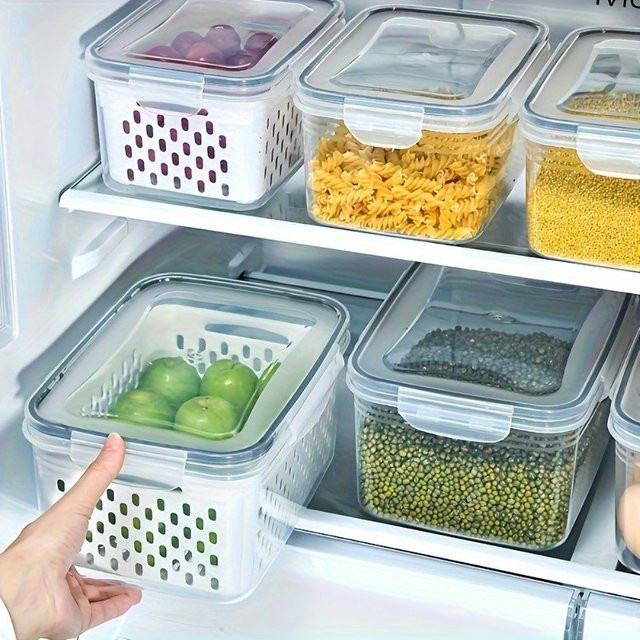 YOCITY Obst-Aufbewahrungsbehälter mit Abtropfkorb, 2-lagige versiegelte Frischhaltebox aus Kunststoff, 2 Stück, blau und transparent - Bild 1