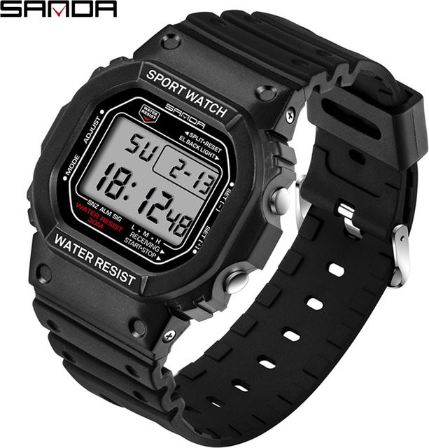 SANDA Digitaluhr, Kunststoff, Silikon, Schwarz, Herren - Bild 1