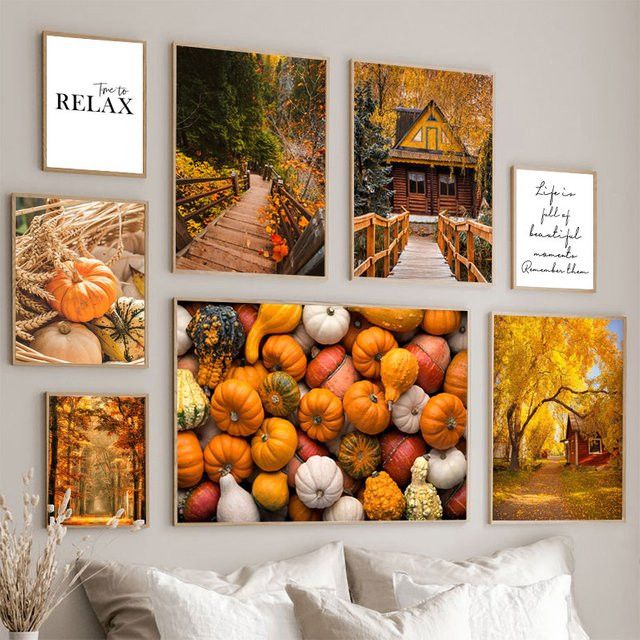 Potdemiel Herbst Leinwand Poster mit gelben Blättern und Kürbis als Wand Kunstdruck für Wohnzimmer und Halloween Dekoration in Gelb - Bild 1