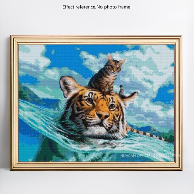 Diamantmalerei FIYO Tiger und Katze im Wasser als Mosaik-Strass-Stickerei in Grau, B/H: 20 x 30 cm - Bild 1