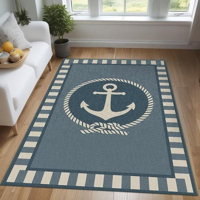 Navigationsserie Teppich Lodestar mit Bootsankermuster in Blau, rutschfest und maschinengewebt, B/T: 60 x 40 cm - Bild 1