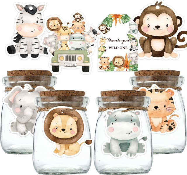 48 Stück DIY Papier Etiketten mit Tier-Motiven für Kinder Geburtstagspartys im Dschungel Safari und Wald Design, Mehrfarbig - Bild 1