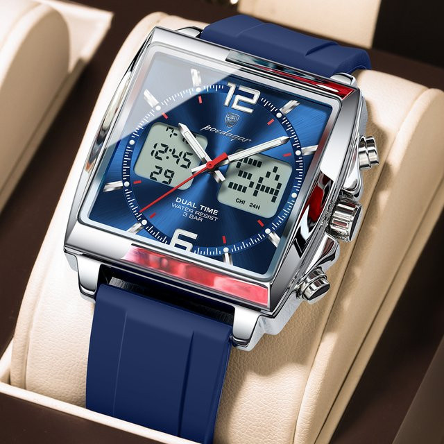 POEDAGAR Herren Armbanduhr, Quarz, Digitaluhr, eckig, Silber, Silikon - Bild 1