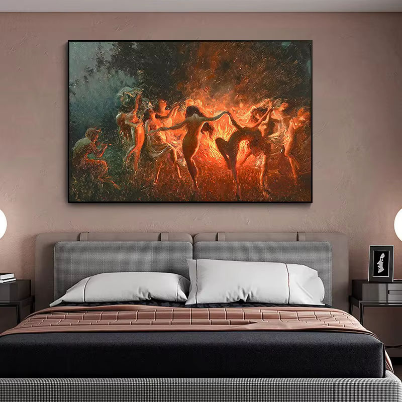 Joseph Tomanek Leinwandgemälde Hexen Nymphe Feuertanz Vintage Wandbild Mehrfarbig - Bild 5