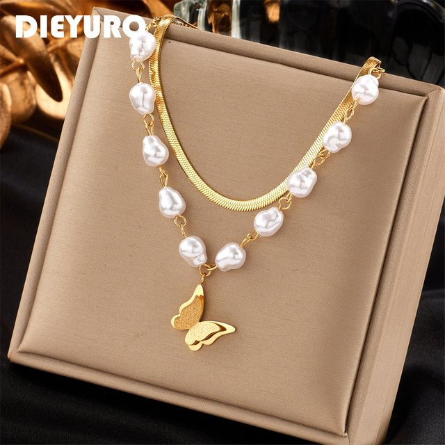 DIEYURO Halskette, Edelstahl, Perle, Schmetterling, Gold, Damen - Bild 1