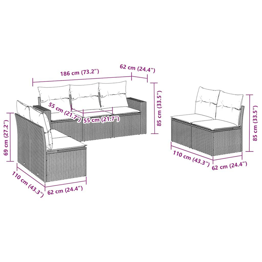 vidaXL 7-teilige Garten-Sitzgruppe in L-Form aus braunem Polyrattan mit UV-beständigen Kissen und pulverbeschichtetem Stahlgestell - Bild 3