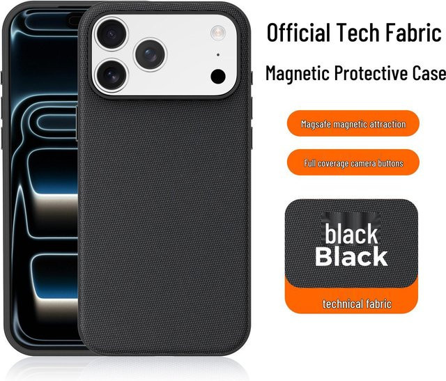 Magnetische Tech-Tuch Handyhülle für Apple iPhone 15/16/17 Pro Max und iPhone 13 Pro mit Kameraschalter-Schutz, Schwarz - Bild 1