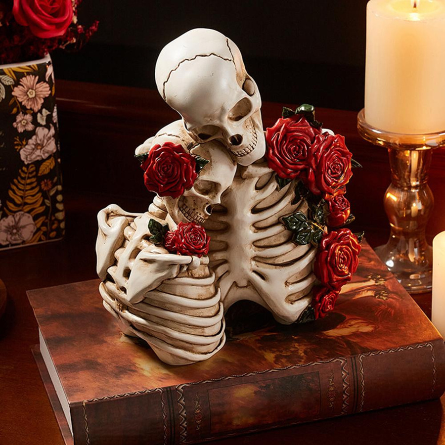 Yiran Furniture Vintage Gothic Paar Skelett Figuren mit Rose aus Harz als Deko-Skulptur für Halloween, Mehrfarbig - Bild 2
