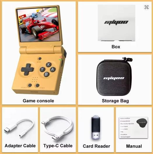 MIYOO Mini Flip Retro Handheld-Spielekonsole mit 2,8 Zoll IPS-Bildschirm und 64GB Speicher in Gelb - Bild 1