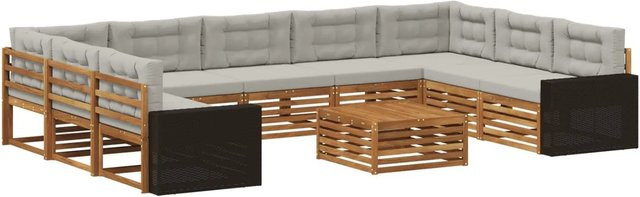 vidaXL Outdoor-Sofagarnitur aus Akazienholz mit 10 Kissen in Natur und Hellgrau - Bild 1