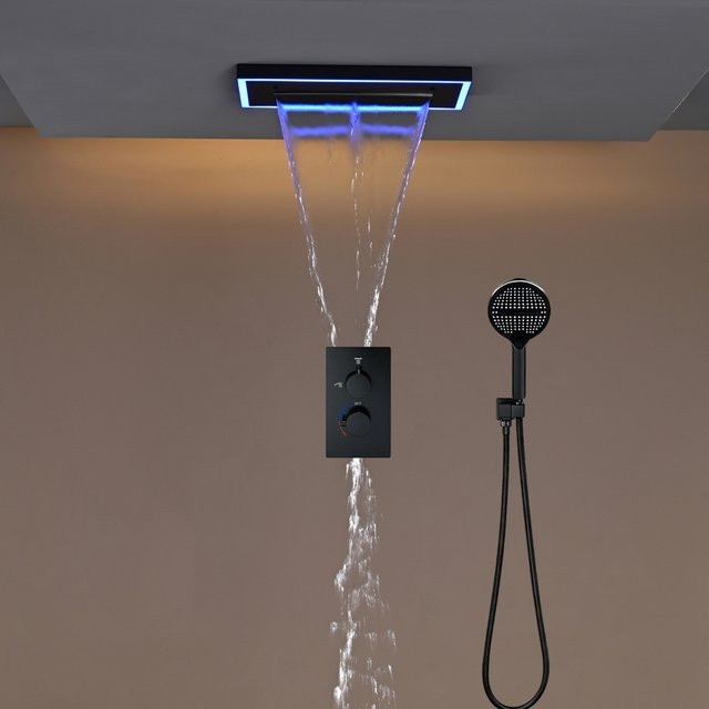 Qlonn Luxuriöses Duschset in Bushed Gold mit LED-Beleuchtung, Regen- und Wasserfall-Duschkopf sowie Warm-/Kaltwasser-Umsteller für dein Badezimmer - Bild 1