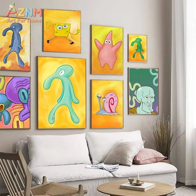 KAYOU SpongeBob Schwammkopf Abstrakte Leinwand-Wandkunst als moderner Cartoon-Druck für dein Kinderzimmer in Mehrfarbig - Bild 1