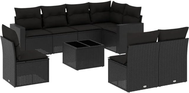 vidaXL 9-tlg Garten-Sofagarnitur in L-Form aus schwarzem Poly-Rattan mit UV-beständigen Kissen und pulverbeschichtetem Stahlgestell - Bild 1