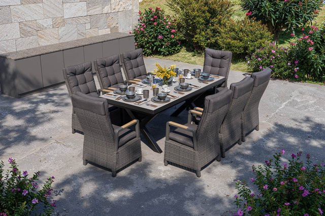 OUTFLEXX Serro Garten-Essgruppe aus Aluminium, Polyrattan und Steinimitat in Schwarz, Anthrazit und Grau mit 8 Diningsesseln, ausziehbar, B/T/H: 260 x 100 x 76 cm - Bild 1