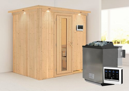 Karibu Sauna Kothla aus Fichtenholz in Beige für 3 Personen inklusive 9 kW Bio-Kombi-Saunaofen mit externer Steuerung, B/T/H: 210 x 165 x 202 cm - Bild 1