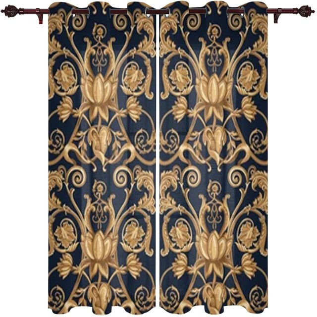 Super Six Barocke Fenstervorhänge mit goldenem Blumenmuster, semi-transparent, Farbe: Gold, B/H: 135 x 245 cm - Bild 1