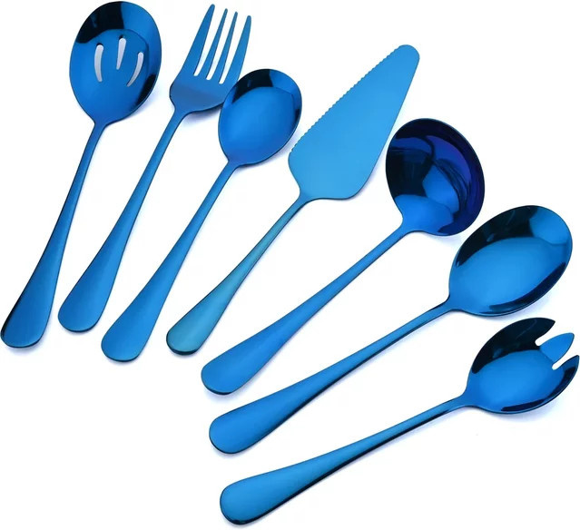 7-teiliges AJOYOUS Servierbesteck-Set aus Edelstahl in Blau und Gold mit Löffeln, Gabel und Spatel - Bild 1