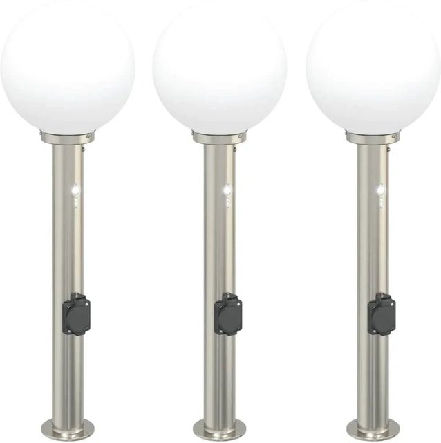 3er Set vidaXL Pollerleuchten aus Edelstahl in Silber mit Bewegungssensor und Steckdose, Höhe: 80 cm, IP44 - Bild 1