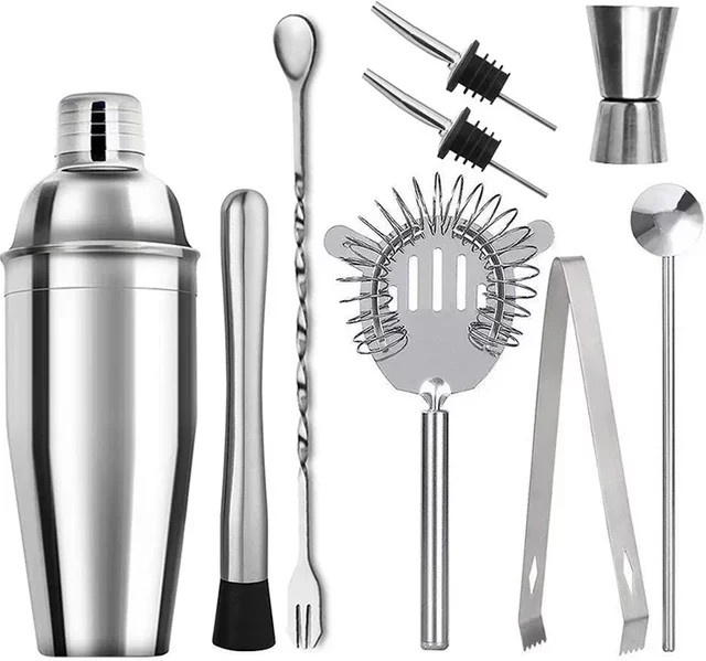Kemorii Cocktail Shaker Set aus Edelstahl in Silber, 6 oder 9 Stück Barkeeper Kit mit Martini Shaker und Drink Mixer für runde Gefäße - Bild 1