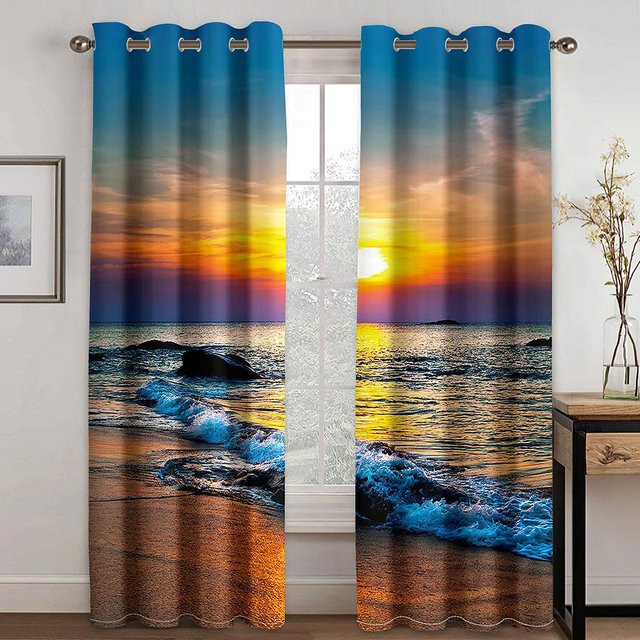 Dekorative 3D Vorhänge mit Meer, Seestern und Dampfschiff Motiv in Blau, 2 Paneele, B: 50 cm, H: 130 cm - Bild 1