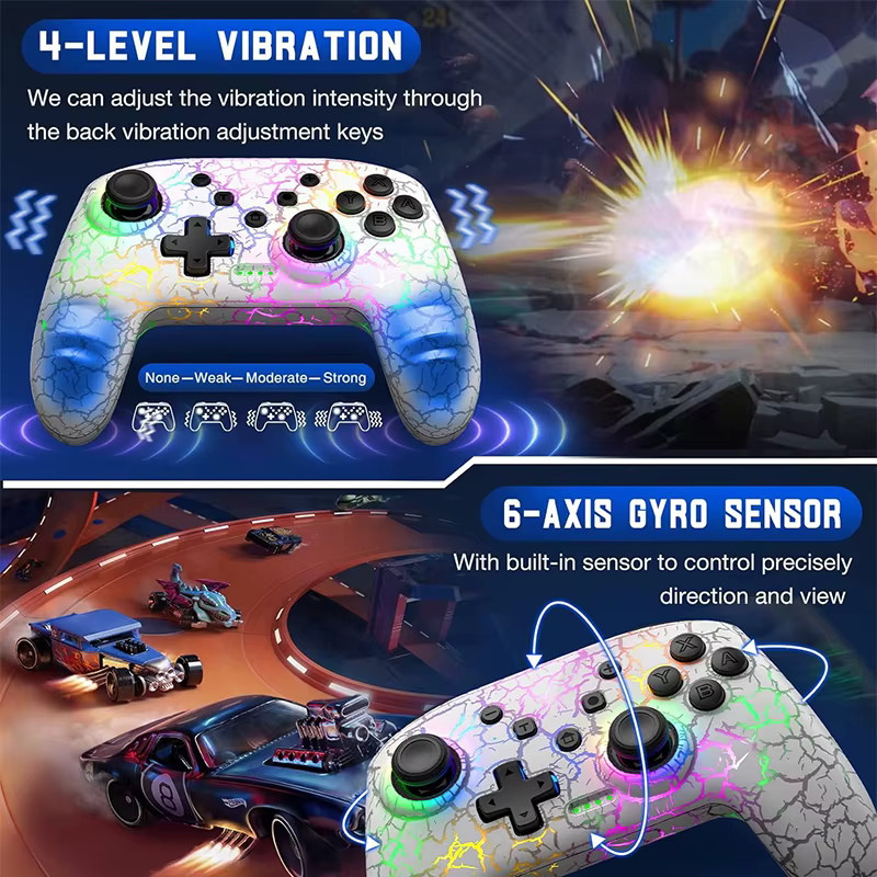 GAMINJA Wireless Gamepad mit Sechs-Achsen-Gyroskop, Dual Vibration und RGB LED-Crack-Effekt für Nintendo Switch, PC und PS3, Farbe: Multicolour/Weiß - Bild 5