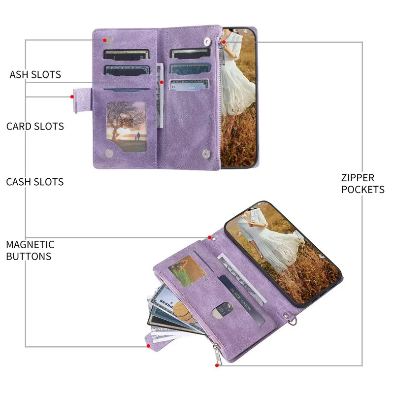 Crossbody Brieftasche mit Reißverschluss und Kartenhalter sowie Handyhülle aus Leder für Samsung Galaxy S24 Ultra S23 S22 Fe S21 Plus A53 A54 A34 in Rot und Lila - Bild 3